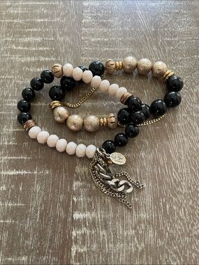 Set of The Lace Project Gold, Black, Light Pink Beaded Bracelets